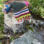 brightly colored finished baby sweater draped on birch tree stump