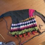 knitting work-in-progress with a long stretch of live stitches