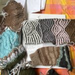 textured knitting swatches in browns and blues