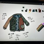 iPad sketch of cardigan sweater with colorful ribbing